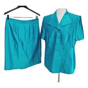 Vintage 80s Dani Max Womens Skirt Suit Set Size 14 Sky Blue Satin Career 283P